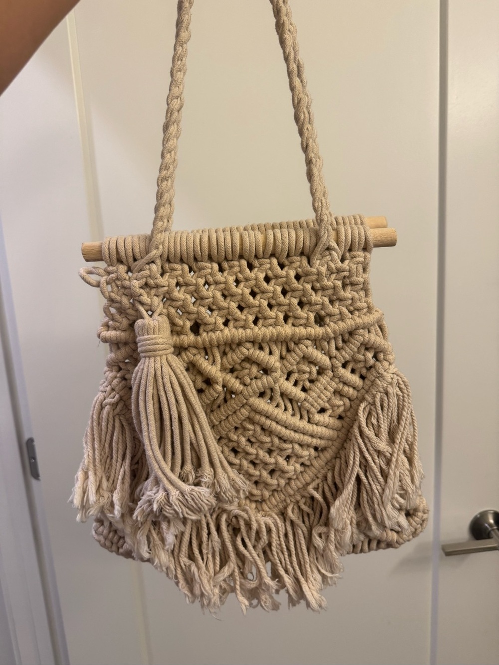 Zara Beige Macramé Tassel Shoulder Bag